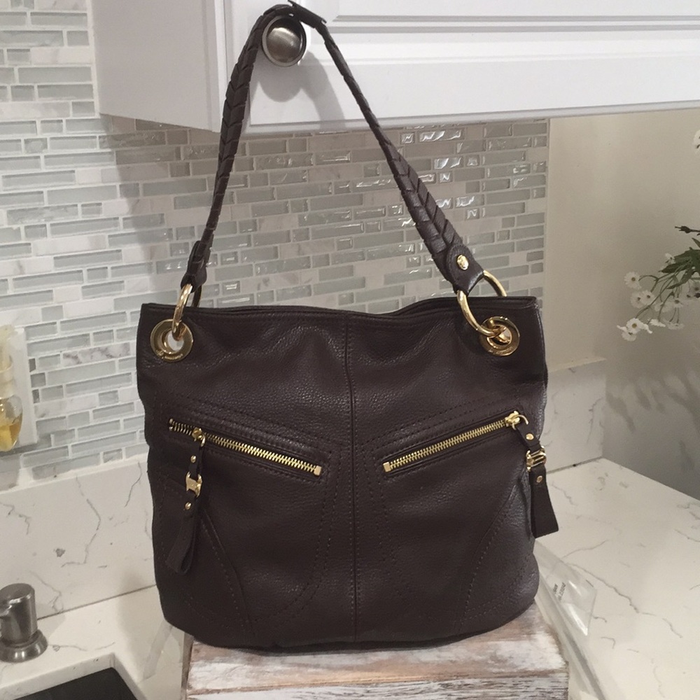 B Makowsky soft leather tote with gold hardware